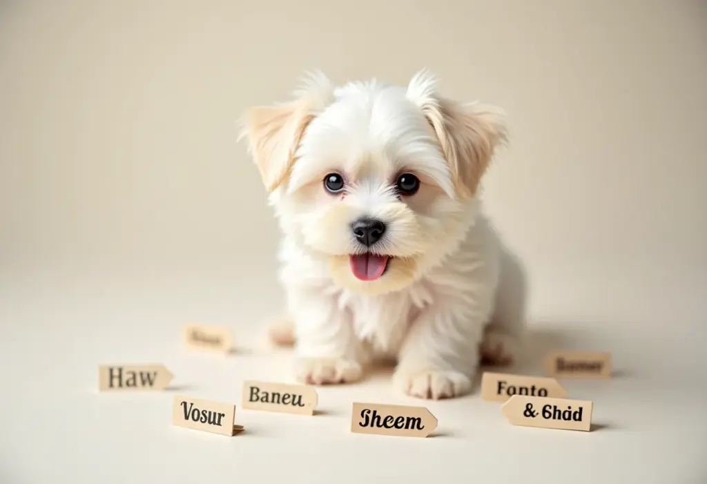 Cachorro maltês branco fofo cercado por plaquinhas com nomes.