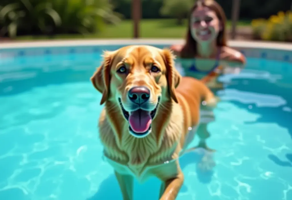Cachorro nadando em piscina com mulher sorrindo ao fundo.