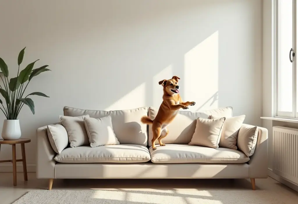 Cachorro no Sofá? O truque SIMPLES para acabar com isso! Cachorro pulando do sofá em sala de estar aconchegante.