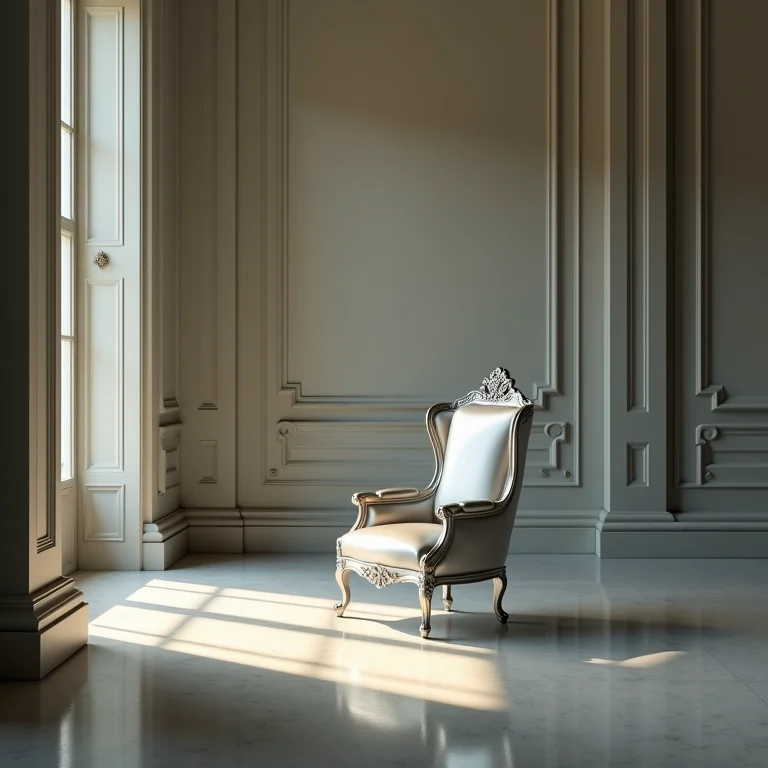 Cadeira de Prata sombria em salão vazio