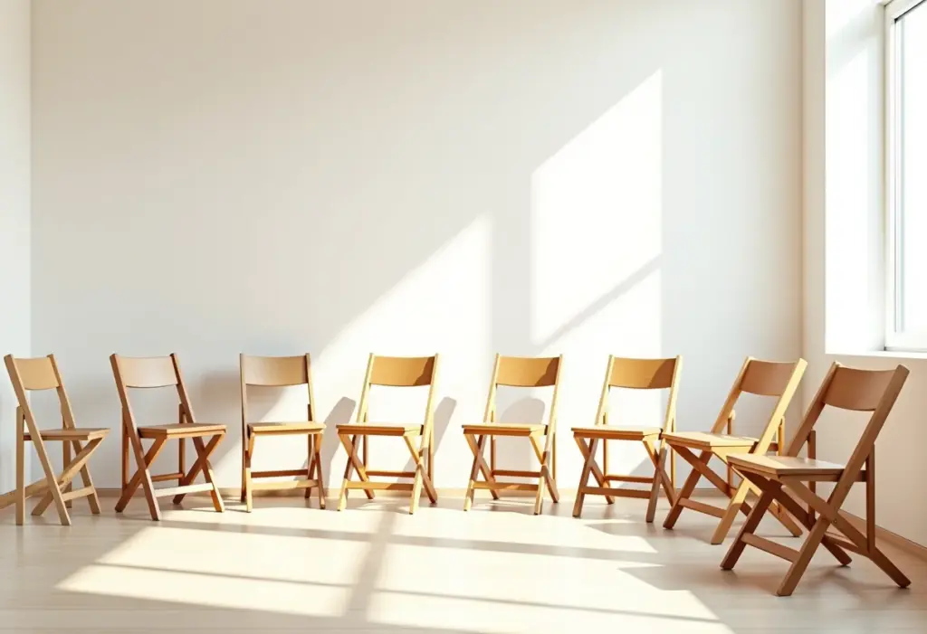 Cadeiras dobráveis de madeira em uma sala de estar iluminada