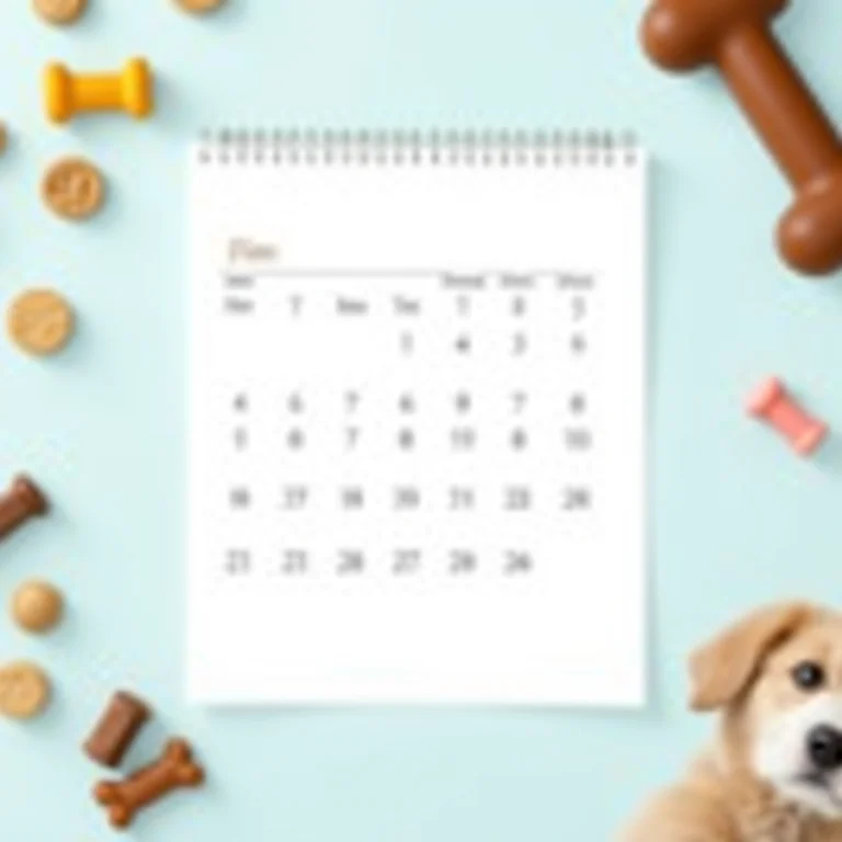 Calendário com datas de vacinação marcadas, petiscos e brinquedos de cachorro