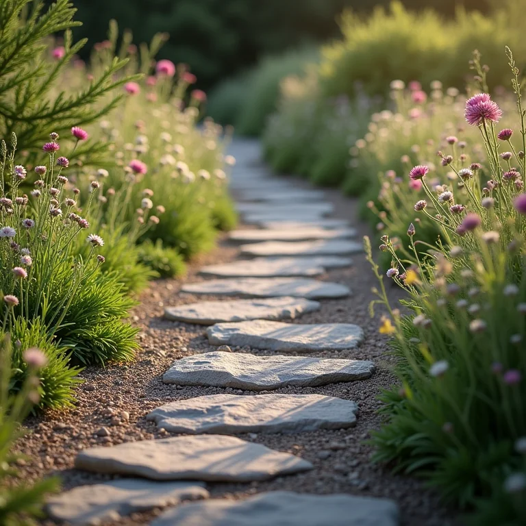 Caminho de pedras soltas em jardim rústico