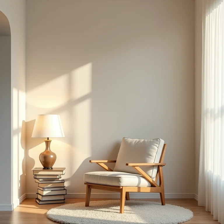 Cantinho de leitura minimalista com cadeira confortável, luminária suave e livros empilhados.