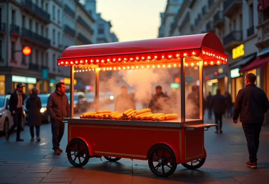 Carrinho de cachorro quente iluminado em uma rua movimentada.