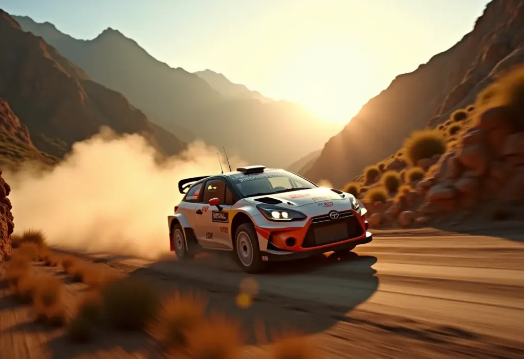 Carro de rally em alta velocidade em estrada de montanha.