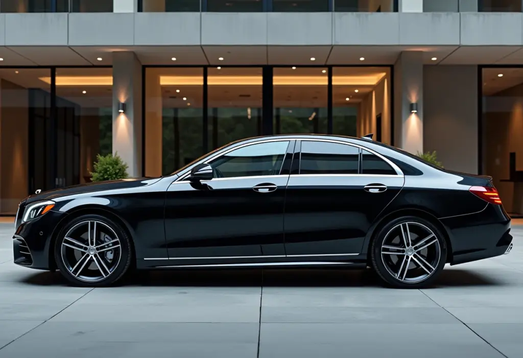 Carro preto moderno estacionado em frente a um prédio minimalista