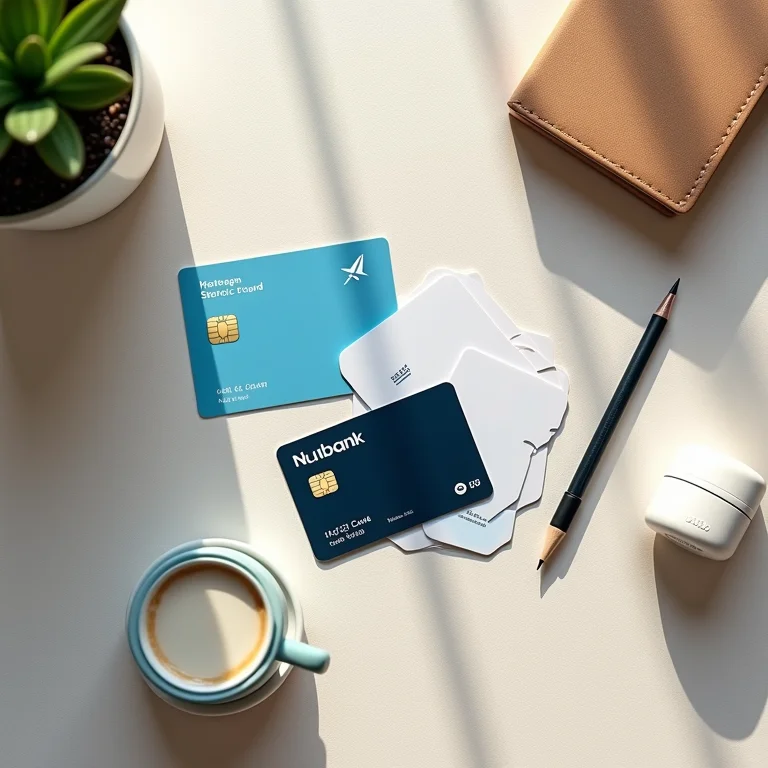 Cartões de fidelidade aérea e cartão Nubank em composição flat lay