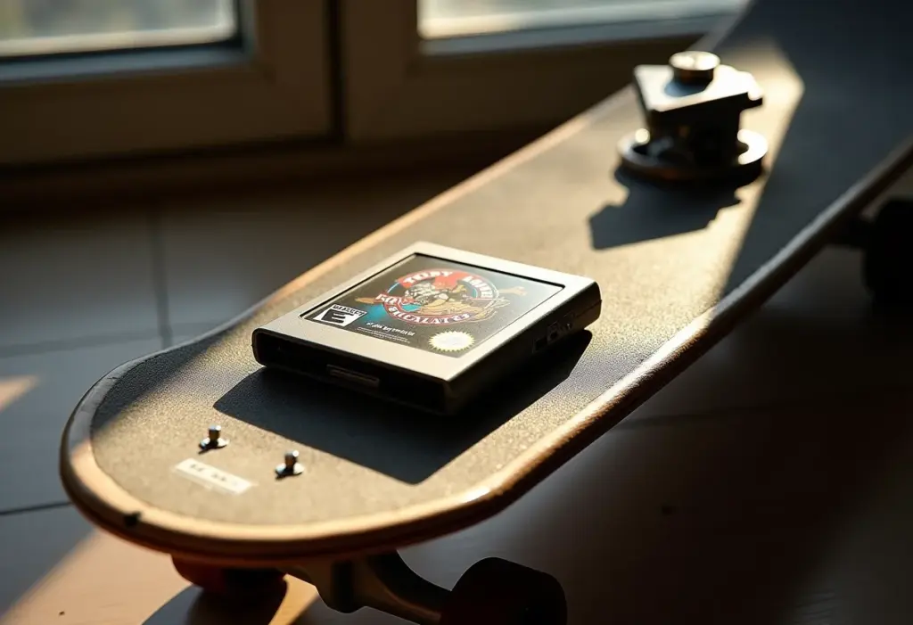 Cartucho de Tony Hawk's Pro Skater 2 em skate vintage