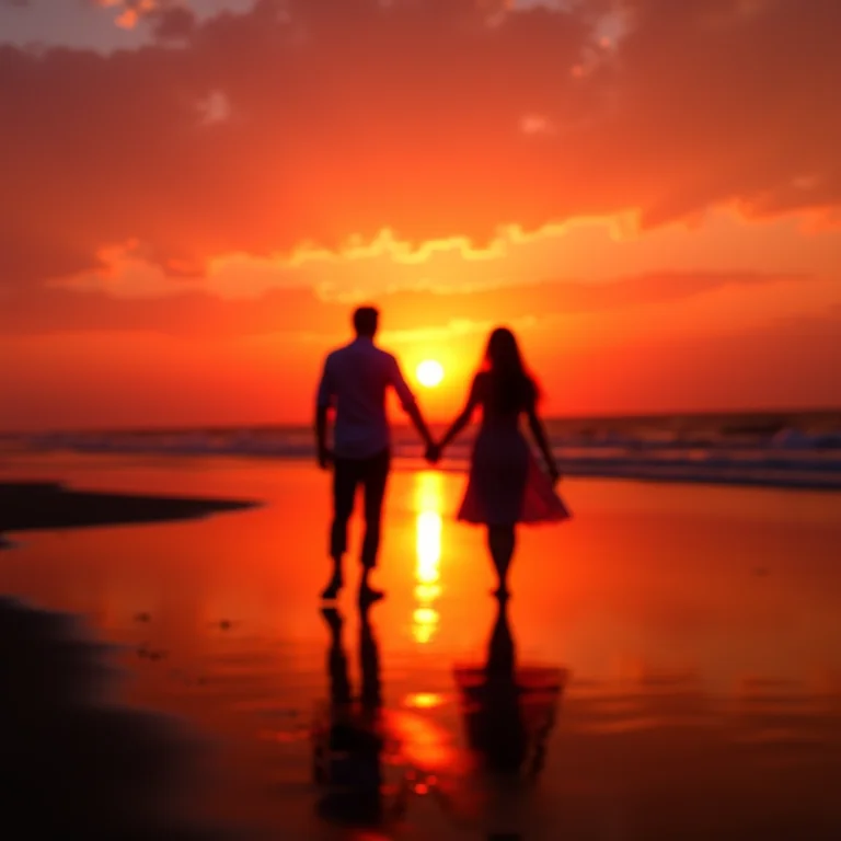 Casal de mãos dadas caminhando na praia ao pôr do sol