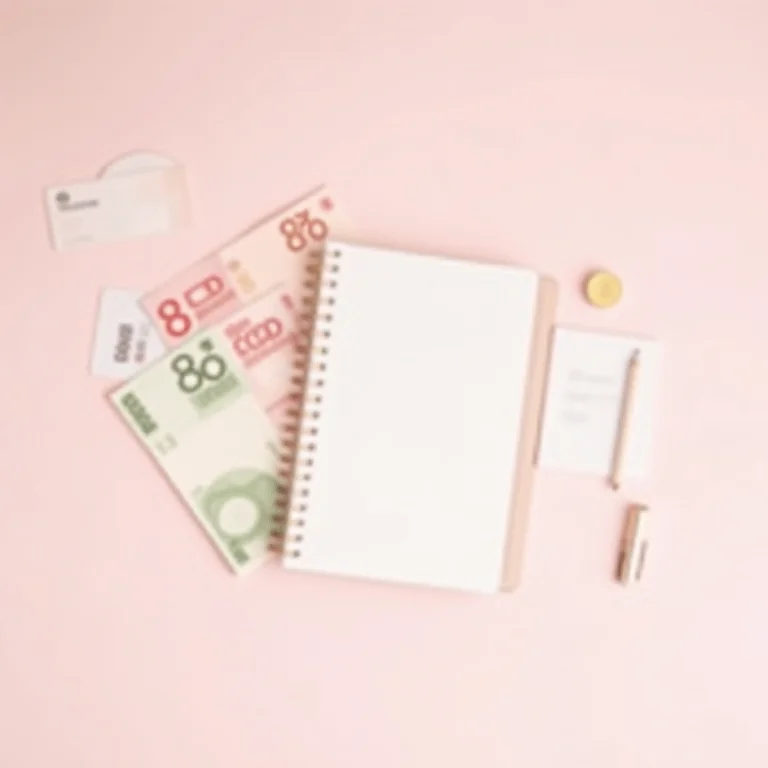 Cédulas de Won coreano, cartões de crédito e um planejador de orçamento em uma superfície rosa