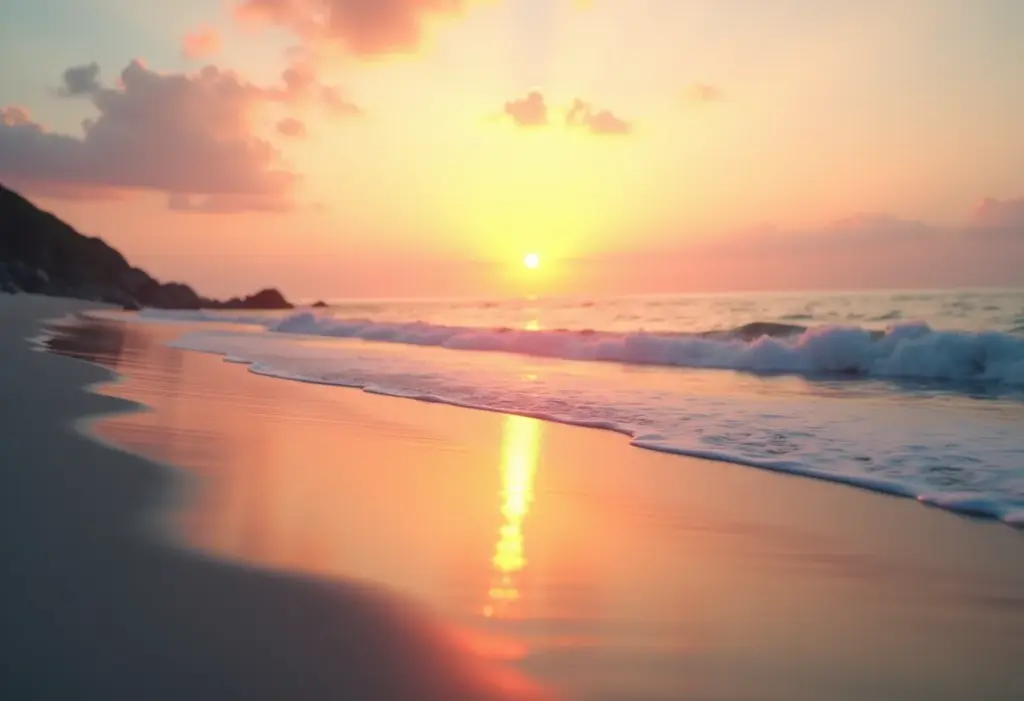 Cena de praia ao pôr do sol com luz suave e reflexos na água, evocando romance