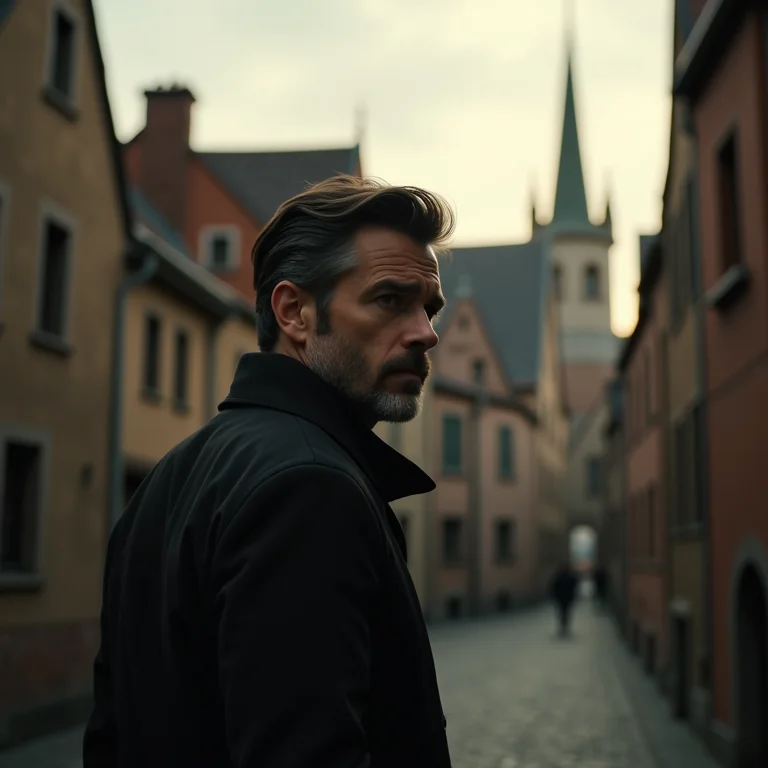 Cena do filme In Bruges com Colin Farrell em cidade medieval.