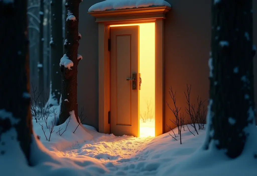 Cena do guarda-roupa mágico de Nárnia iluminado