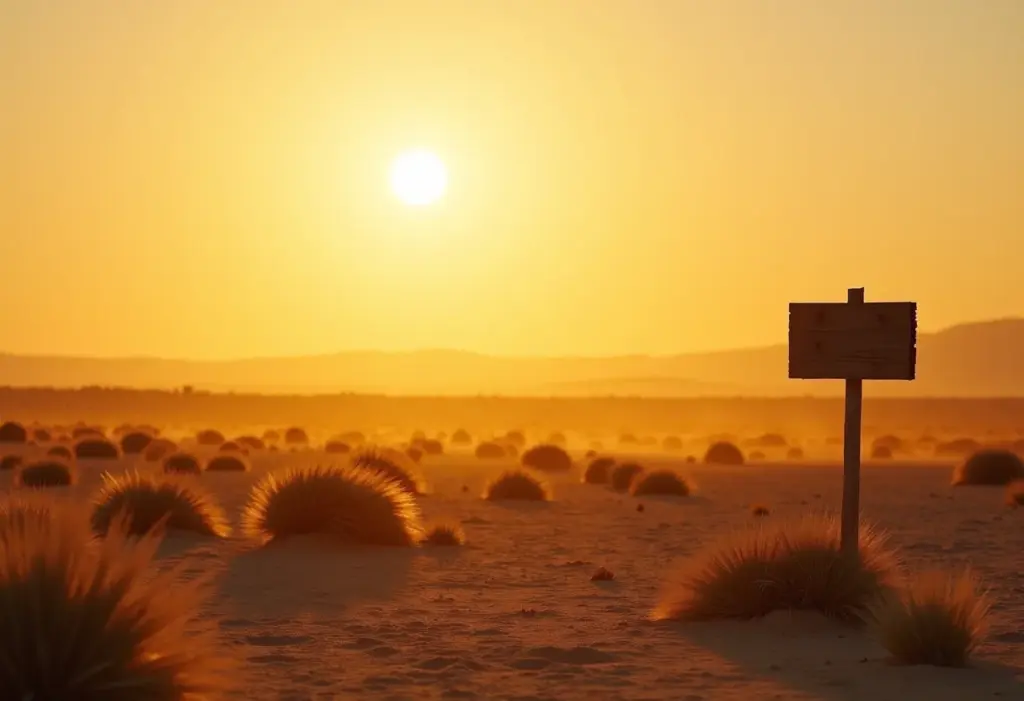 Faroeste Spaghetti: 5 filmes clássicos para começar a amar Cenário de faroeste com um céu alaranjado e placa de madeira indicando caminhos empoeirados.