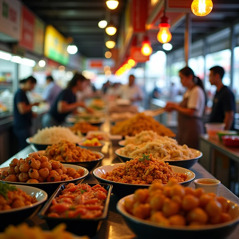 Centro de vendedores ambulantes (hawker) movimentado com diversas barracas de comida em Singapura