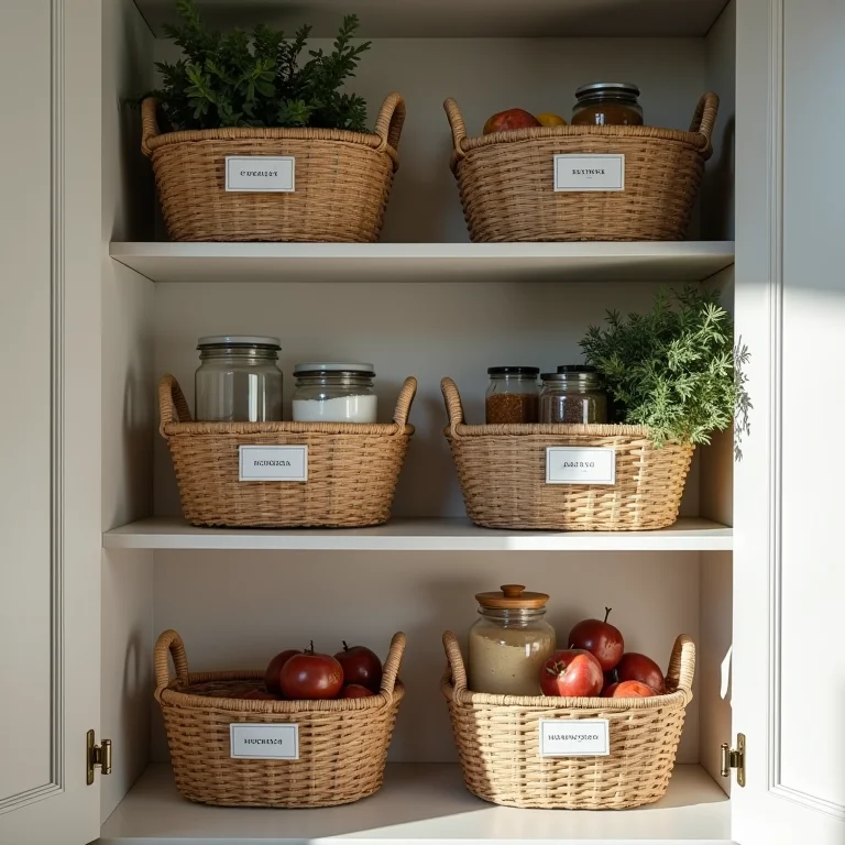 Cestos de organização que agregam beleza à despensa.
