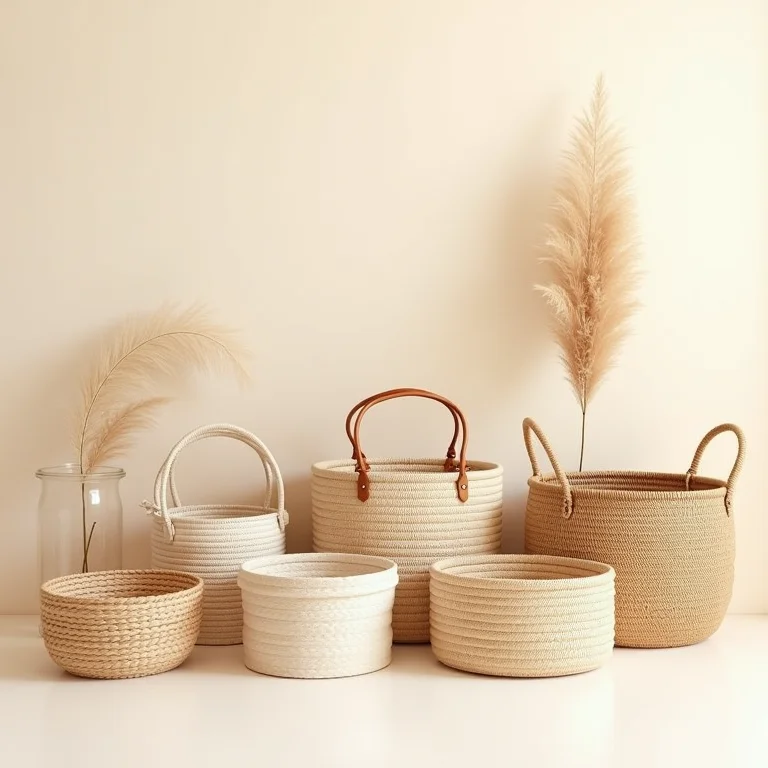Cestos e caixas organizadoras de diferentes estilos e materiais.