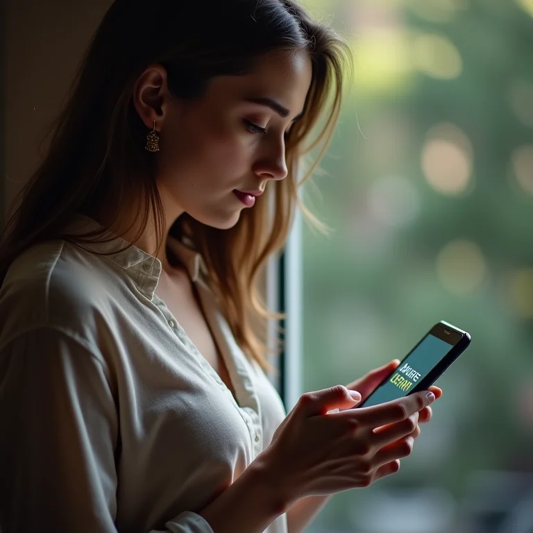Close-up de mulher utilizando app FutureLearn no celular