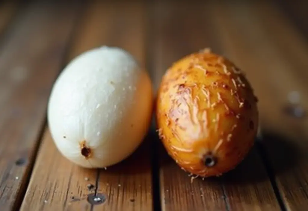 Cocada branca e queimada dispostas em mesa rústica