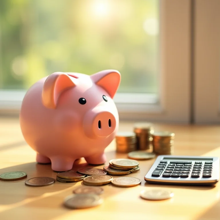 Cofre de porquinho cercado por moedas e calculadora