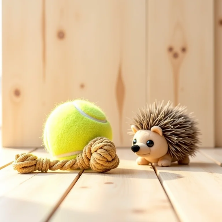 Coleção de brinquedos para cachorro com foco em texturas e luz natural.