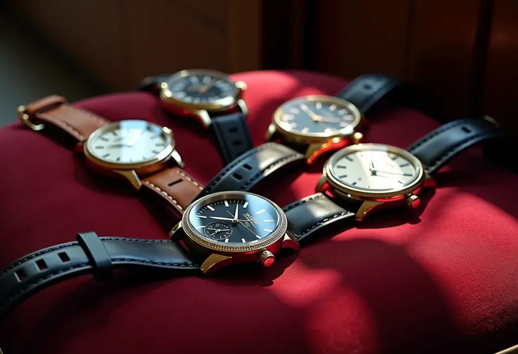Coleção de relógios de luxo organizados sobre veludo