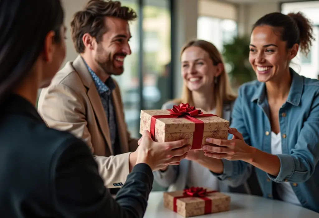 Colegas trocando presentes em ambiente de trabalho moderno