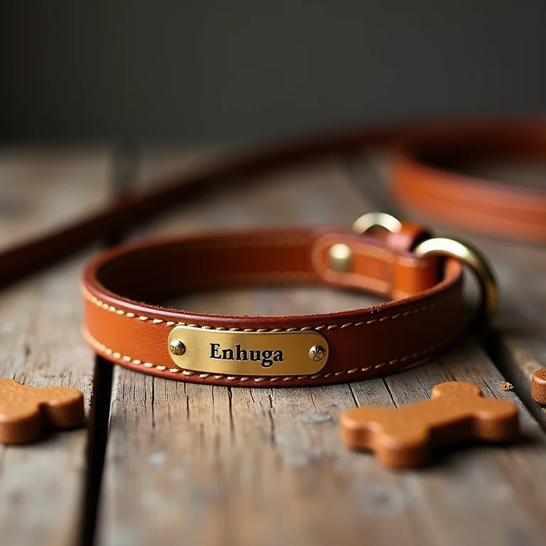 Coleira de couro com nome em inglês para cachorro em mesa de madeira rústica