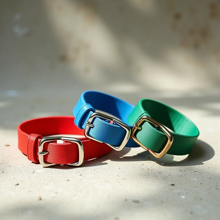 Coleiras coloridas de cachorro sobre fundo de concreto