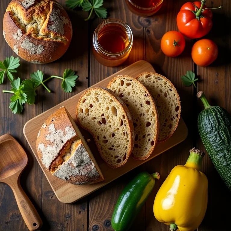 Comida artesanal local em uma mesa de madeira rústica