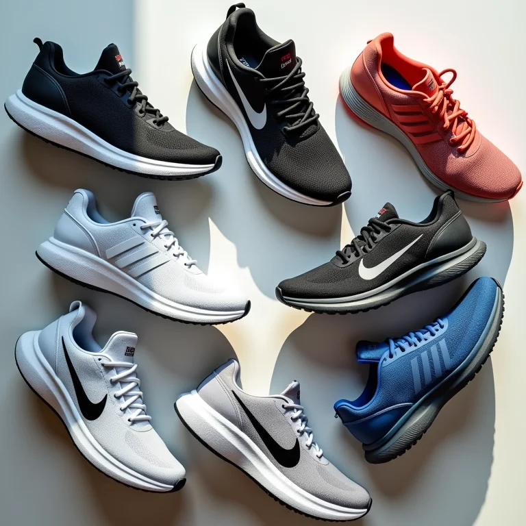 Composição flat lay de tênis de corrida de alta performance.