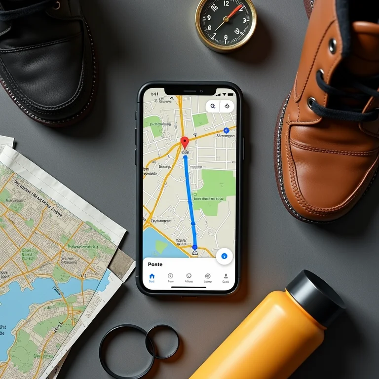 Composição flat lay mostrando um smartphone com rota do Google Maps e acessórios para caminhada na cidade.