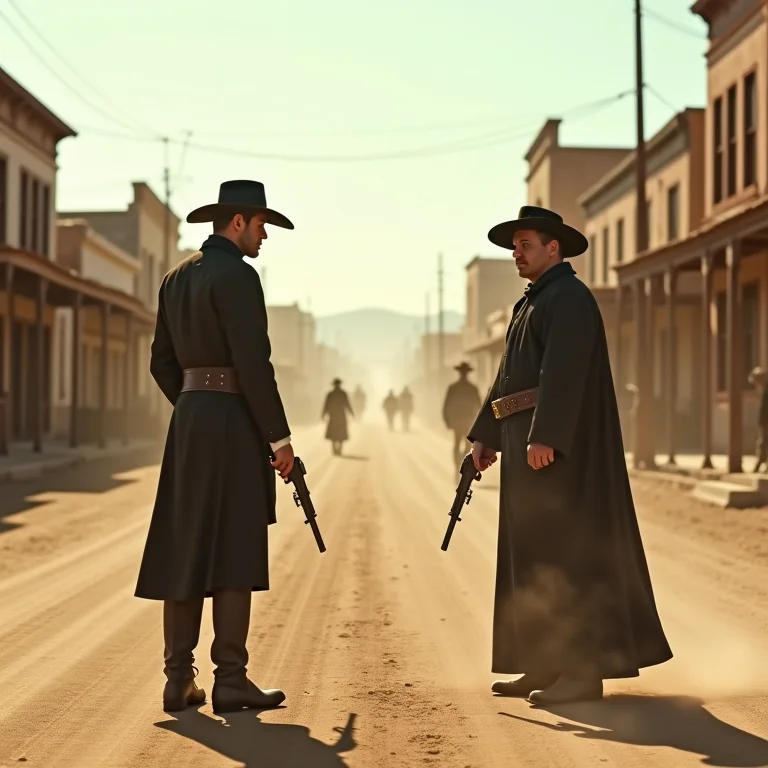 Confronto tenso em uma rua de faroeste