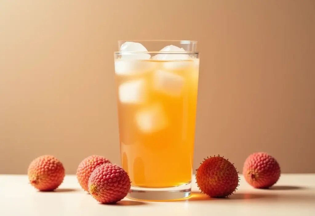 Copo de chá de lichia refrescante com gelo e lichias ao redor.