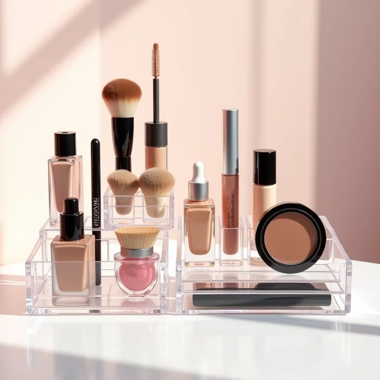 Cosméticos organizados em acrílico para maior durabilidade.