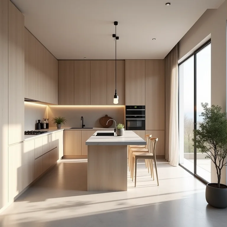 Cozinha com ilha integrada e divisórias de ambiente