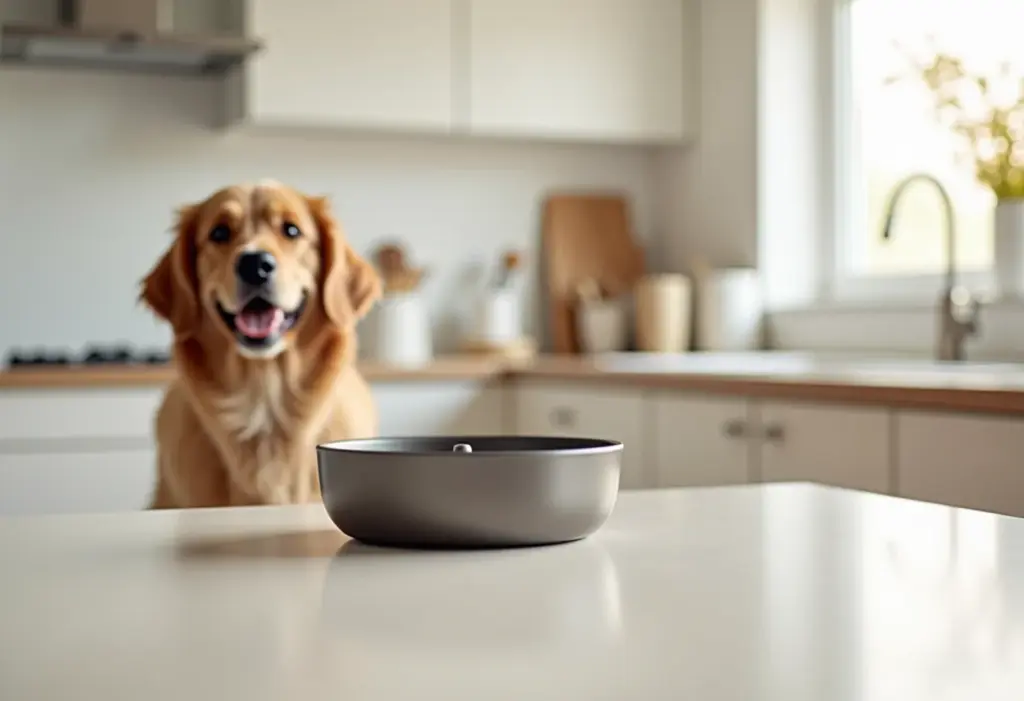 Cozinha moderna com comedouro automático e cachorro feliz