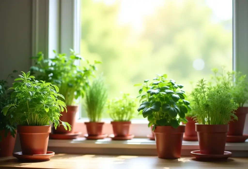 Cozinha verde com jardim de ervas exuberante