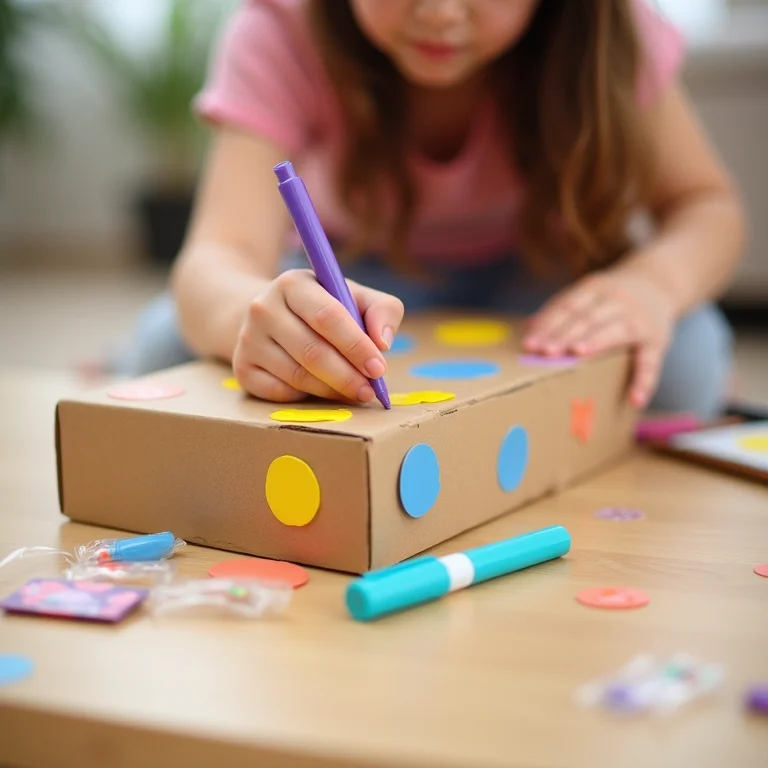 Criança personalizando uma caixa organizadora com adesivos e canetas.