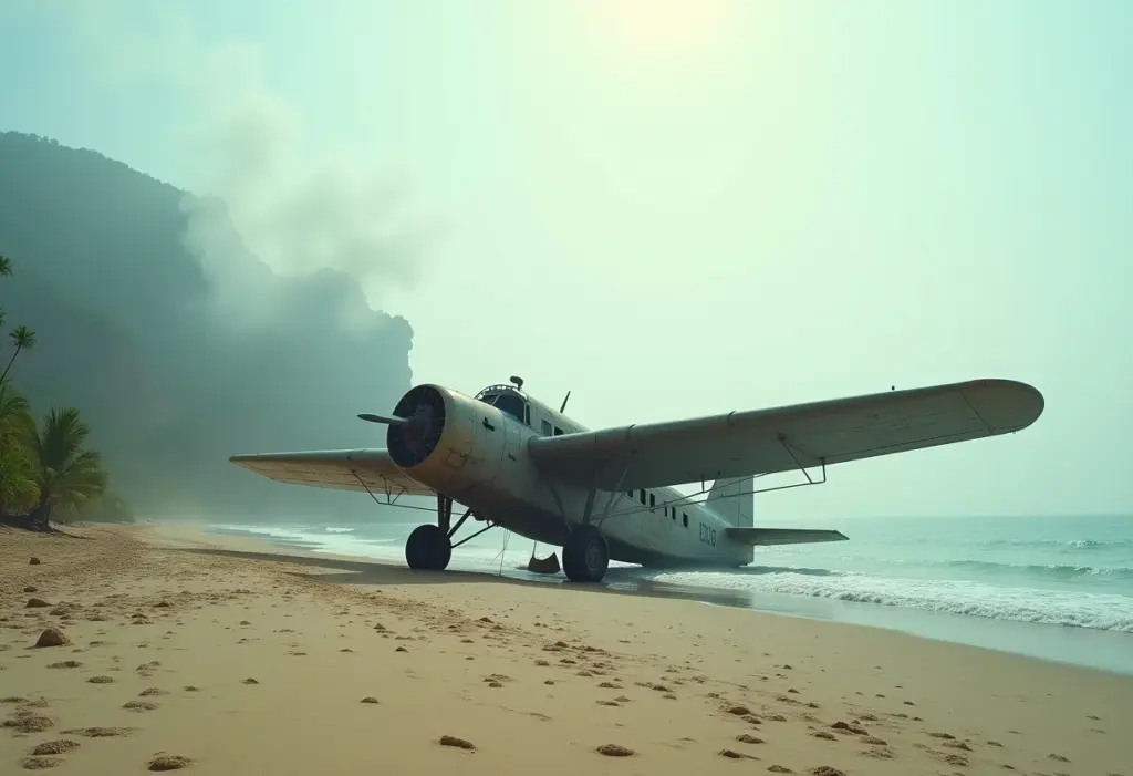 Destroços de avião em praia tropical, remetendo à série Lost