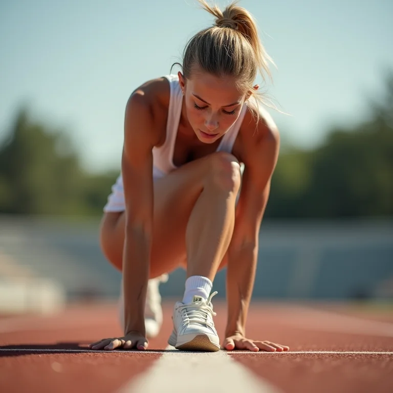 Detalhe da tábua de impulsão no salto em distância com atleta branca concentrada