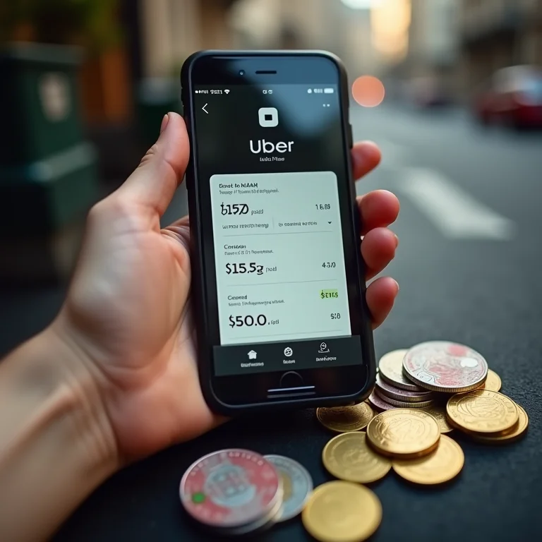 Detalhes de tarifas do Uber no celular com moedas estrangeiras ao redor
