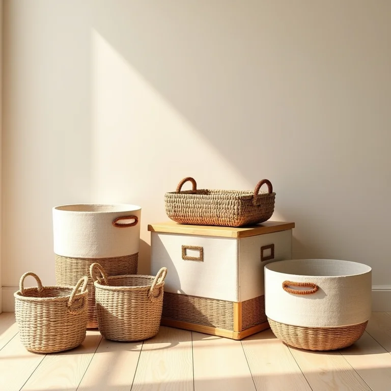 Diferentes tipos de cestos e caixas para organizar brinquedos.