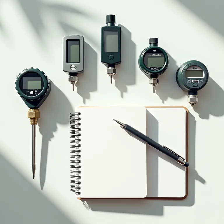 Diferentes tipos de hidrômetros e um caderno.