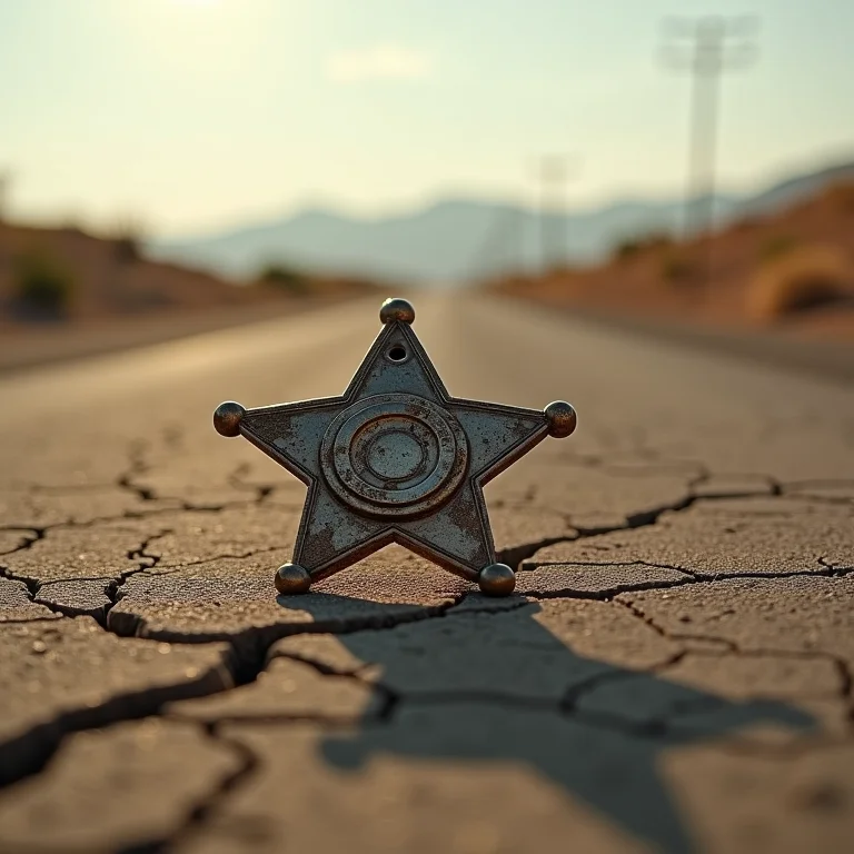 Distintivo de xerife desgastado em estrada empoeirada