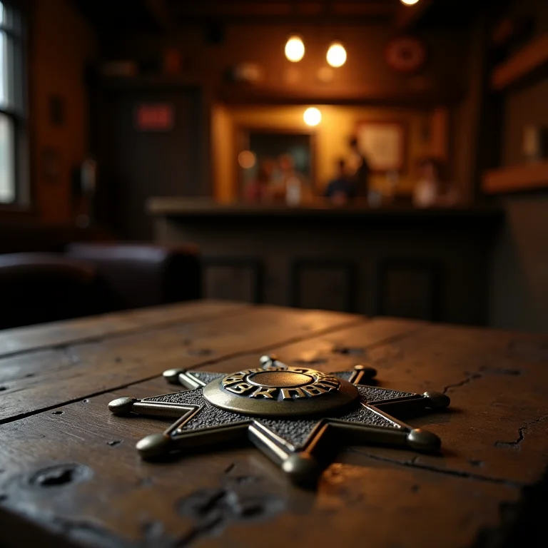 Distintivo de xerife gasto sobre mesa de madeira