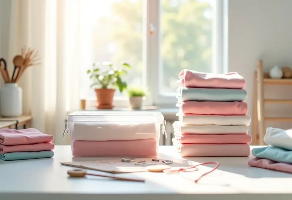Diversos porta trecos de tecido organizados em mesa de trabalho.