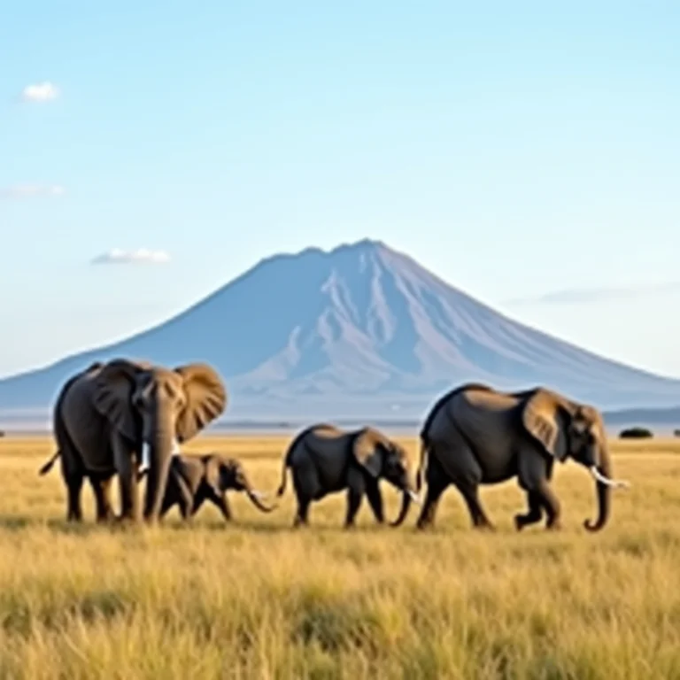 Elefantes pastando no Amboseli com o Kilimanjaro ao fundo