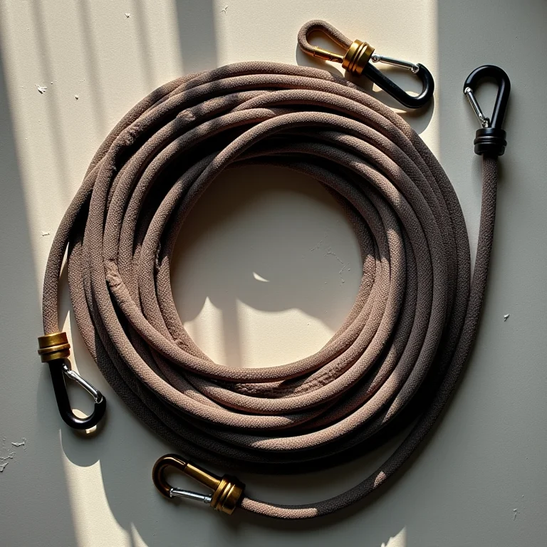 Equipamento de slackline organizado em fundo neutro.